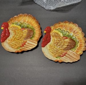 PIER 1 Set of 2 Fall Thanksgiving Turkey Day ceramic holiday plates, 8"